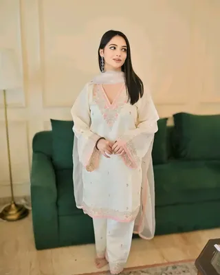 White Chanderi Embroidered Suit Set - Image 3